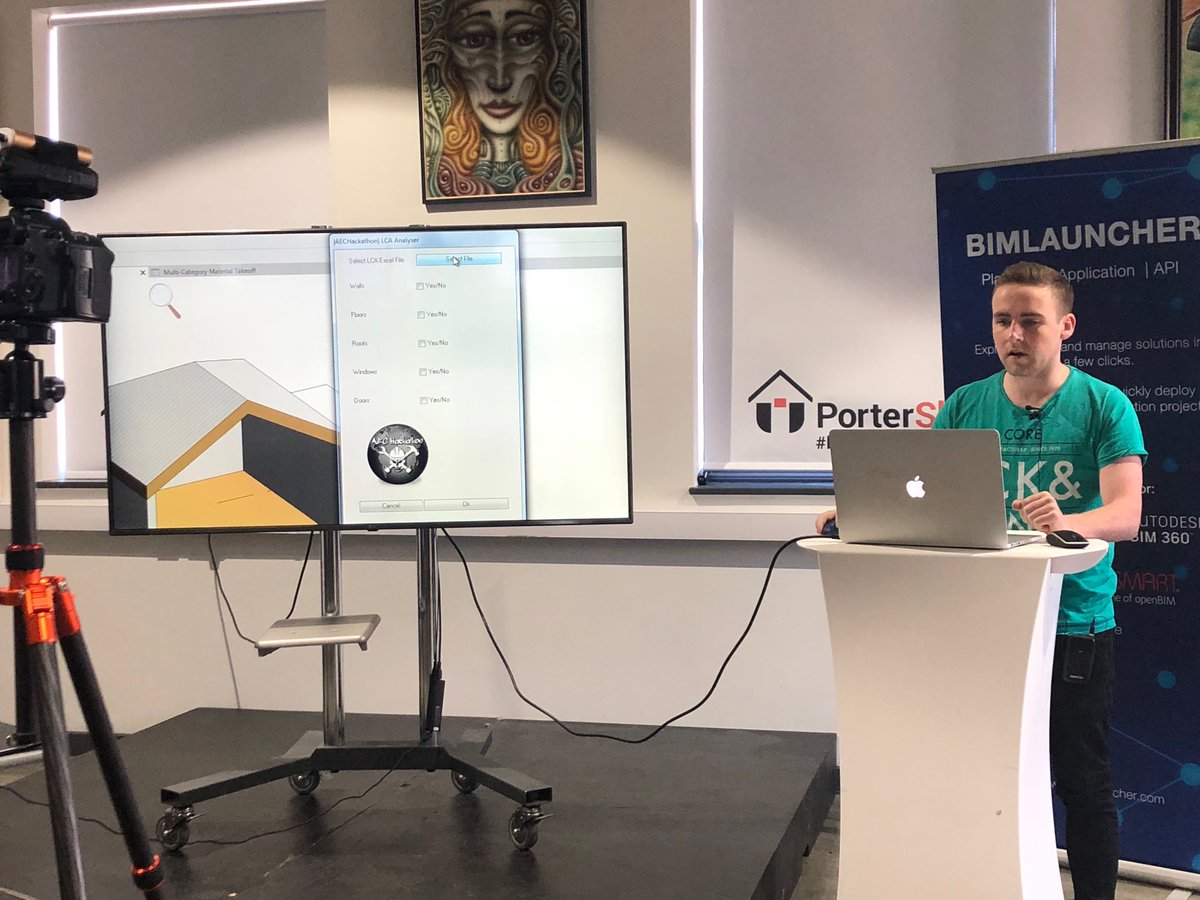 _johnegan's tweet photo. @BIMpossibleAndy on stage with #teamGSD project to provide designers real time feedback to on environment impacts of materials chosen during the design process. @DynamoBIM #revitPlugin #excel 2 seconds to update dashboard so near instant #AEChackGalway https://t.co/Eu0TrA1yrv