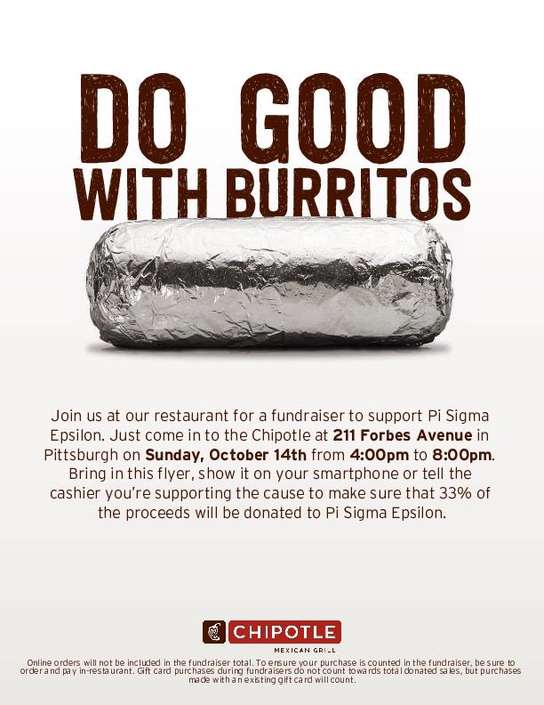 Duquesne_PSE's tweet photo. Sundays are for Burritos. Stop by @chipotletweets in Market Square between 4:00pm and 8:00pm TODAY and mention PSE to have part of your bill donated back to Pi Sigma Epsilon. We would greatly appreciate your support! https://t.co/BPuo6IbfDJ