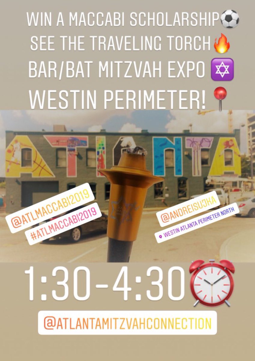 ATLMaccabi2019's tweet photo. 🔘Win a team @ATLMaccabi2019 Registration ⚽️
🔘See the Traveling Torch 🔥
@atlpartyconnect ✡️
🔘Westin Perimeter North📍
🔘1:30-3:30 ⏰
#ATLMaccabi2019
#travelingtorch
#wearejccmaccabi
#MJCCA https://t.co/HejTzN7WPJ