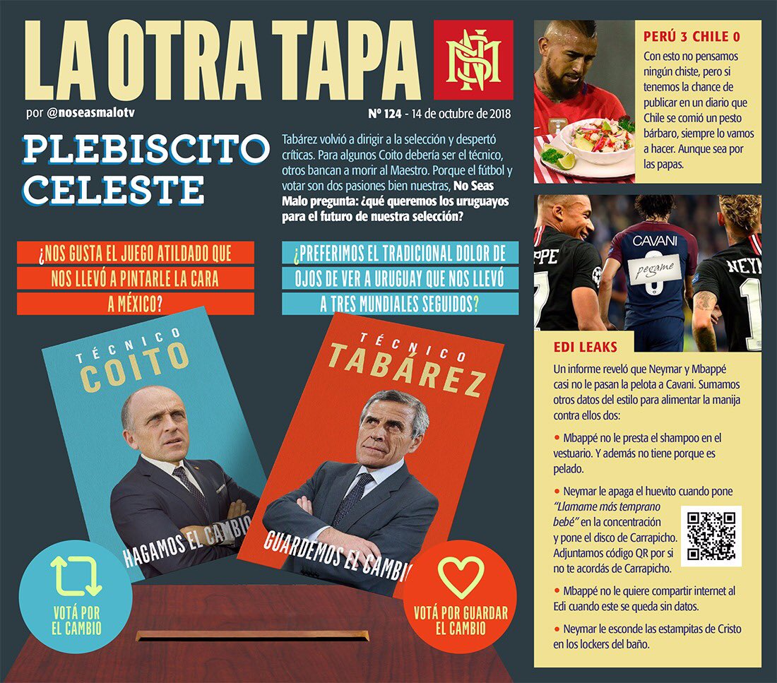noseasmalotv's tweet photo. ¿Daniel Martínez? ¿Lacalle Pou? ¿Sartori? La elección que de verdad queremos los uruguayos está en la #TapaNSM de hoy en @Ovaciondigital. https://t.co/IGq1x2moAA