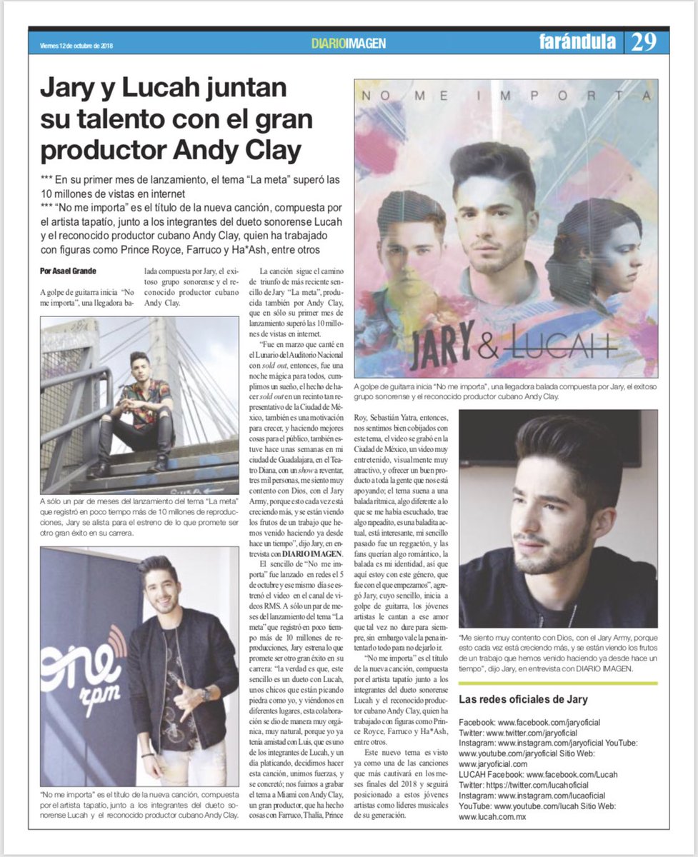 Jaryoficial's tweet image. Gracias @DiarioImagen por esta increíble nota sobre el lanzamiento de #NoMeImporta, mi nuevo sencillo en colaboración con @LucahOficial!