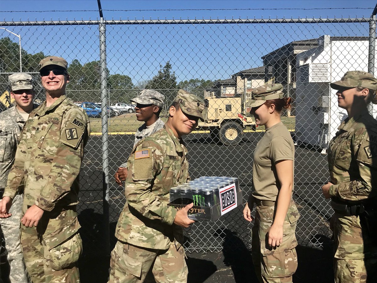 MobileUSO's tweet photo. We were able to make some GA @USNationalGuard service members very happy by dropping off lots of supplies to include hygiene kits, snacks and @MonsterEnergy! These men and women are working hard near Albany, GA for #HurricaneMichael relief efforts! #betheforce https://t.co/wYbBX4TB2c