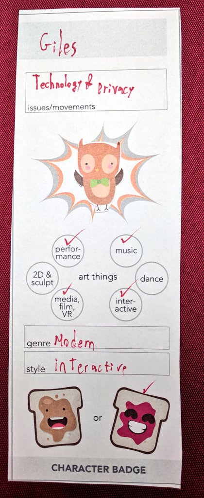 Nerdwiththehat's tweet image. .@hackart4 #ArtHero Giles springs into action! Support privacy and tech with him by sharing tech art and more.
ArtHero is helping people create and share protest art @MITHackingArts #HackingArts2018