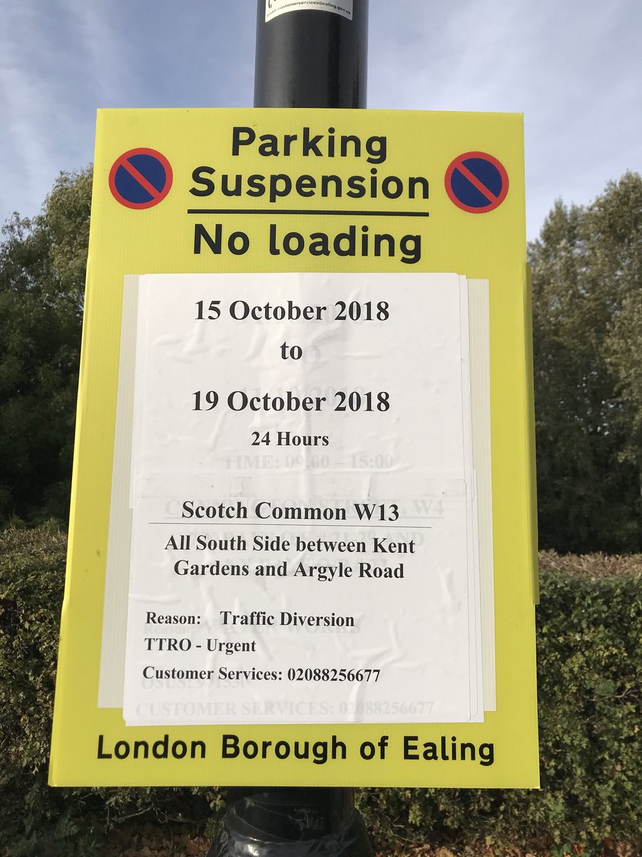 JME_Ealing's tweet photo. A warning for this week, starting tomorrow, Monday 15th, of parking suspension and likely traffic congestion due to works along Scotch Common. Cleveland Road works have now finished so that may be your better route (avoiding Kent Gardens and Scotch Common itself). https://t.co/7fc8xwWgdC