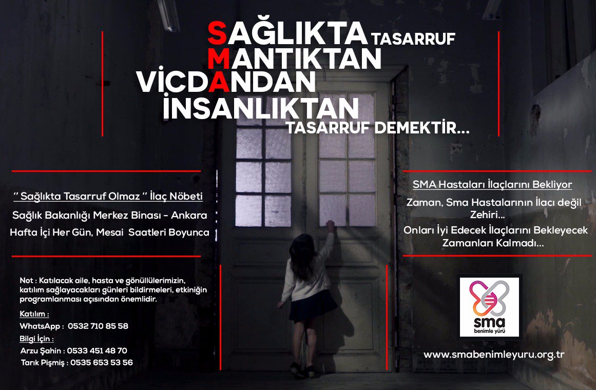 smabenimleyuru's tweet photo. "Sağlıkta Tasarruf Olmaz" İlaç Nöbeti
Zaman, SMA hastalarının ilacı değil zehiri. Onları iyi edecek ilaçlarını bekleyecek zamanları kalmadı.

Yer: Sağlık Bakanlığı merkez binası önü - Ankara
Zaman: Hafta içi her gün, mesai saatleri boyunca.

Katılım için WhatsApp : 0532 710 85 58 https://t.co/IamPi4gUOv
