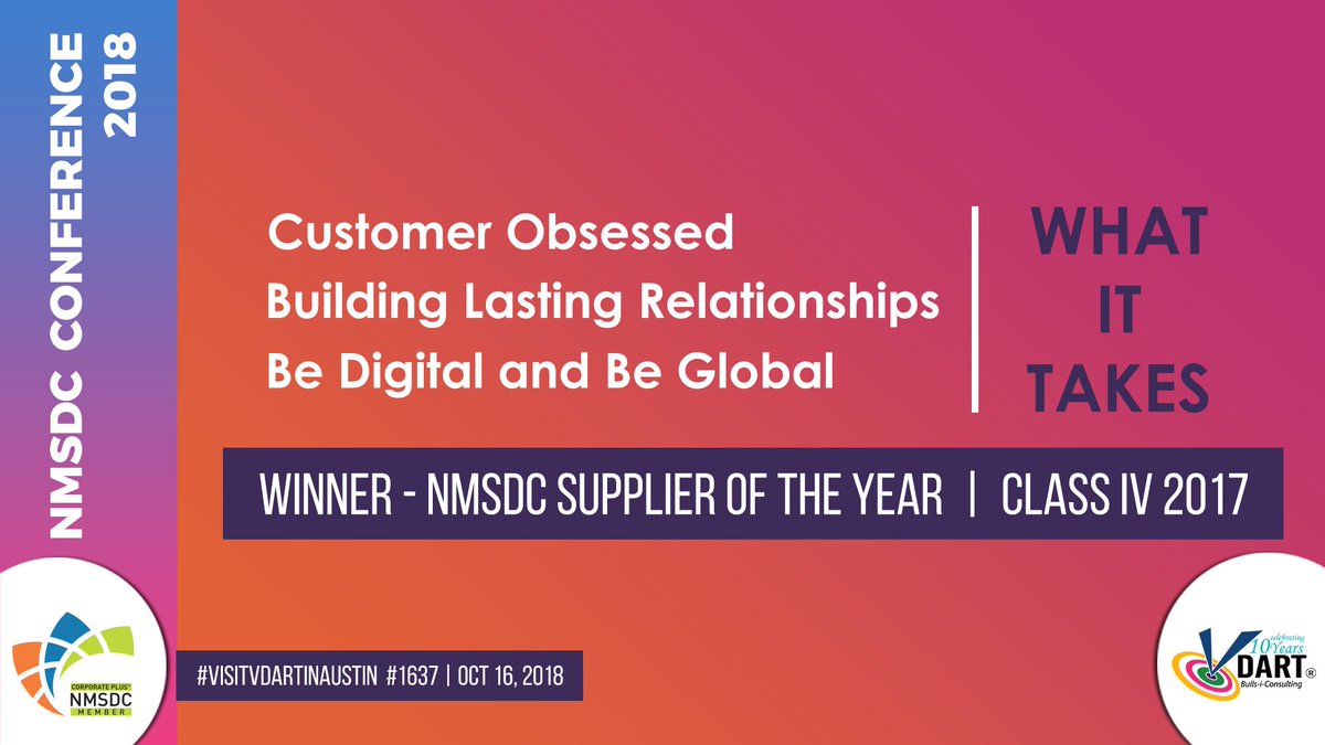 VDartInc's tweet photo. #VisitVDartInAustin #1637

Customer Obsessed
Building lasting relationships
Be digital and Be global

#NMSDCConference #WeAreNMSDC #SupplierDiversity #Inclusion #Diversity #MBE #SmallBiz #Blockchain #Ledgr #digital #customerrelationship @NMSDCHQ @Sidvdart @Aceytrimble https://t.co/DOw43cNduS