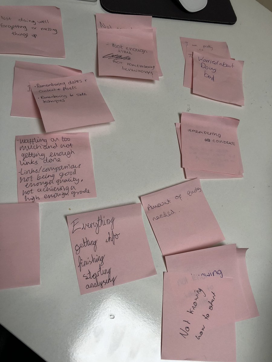 daveg5478's tweet photo. Still one of my most useful teaching strategies: the post-it note of stress - normally issued a couple of lessons before an assessment, so I can reassure beforehand. Everyone has to think of something. https://t.co/DwKe7ZcGmf