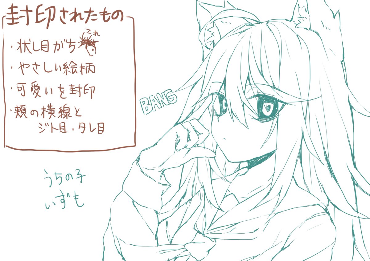 #自分の絵柄の特徴あげてもらってそれを全部封印した絵を描く
うちのこのいずもちゃんを生贄に…結構かっこよく描けたあああああああ!!!!!!!!