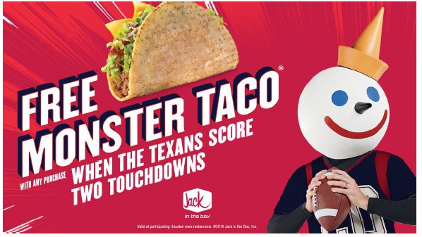 .@DeAndreHopkins TD: ✔️ @JJOE2424 Pick 6: ✔️  With ✌️ TDs, the #Texans unlocked a free Monster Taco by @JackBox! https://t.co/d0YGfW3ijC
