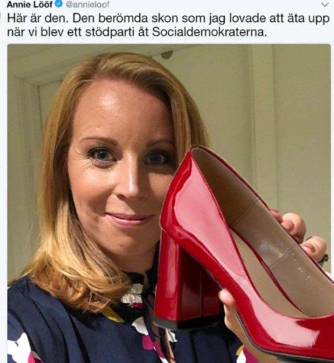 Lars Adaktusson on Twitter: "”Jag hellre upp min högra sko blir ett stödhjul åt Socialdemokraterna", sade Annie Lööf i en Expressenintervju i 2013. https://t.co/P3VBHKdNfi" / Twitter