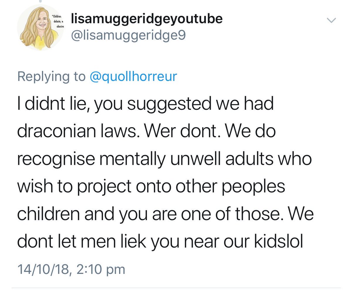 Apparently  @lisamuggeridge9 doesn’t lie, guys. Either those  #TERFgoggles are too tight or  @lisamuggeridge9 does lie. I mean, apparently I’m a dude, a predator and have mental health issues.