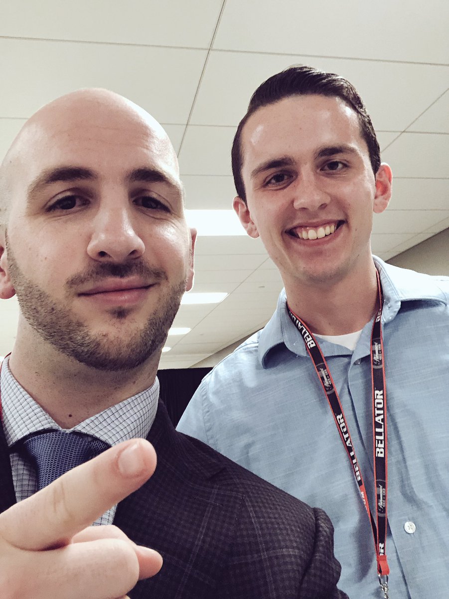 DanYanofsky's tweet photo. Looks like I wasn’t the the only @IthacaCollege alum covering #Bellator208 last night. Caught up with @DanDohertyMMA in the media room. Always a great day to be a Bomber. #MMAJournalism https://t.co/waevyf8q8D