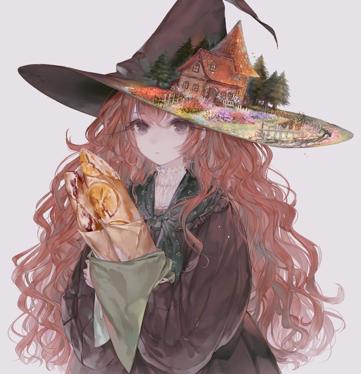 1girl food hat solo long hair witch hat bread  illustration images