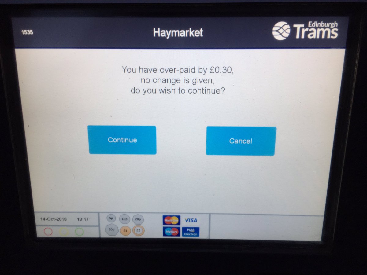 AndyBTravels's tweet photo. Unimpressed with @EdinburghTrams ticketing - need a one way ticket for £1.70. Can’t pay by card, can’t pay by notes - thankfully have a couple of £ coins - no change given. @holdmch thought you’d like this 🙄 @rail @seatsixtyone #userunfriendly https://t.co/nbFZZYtUYE