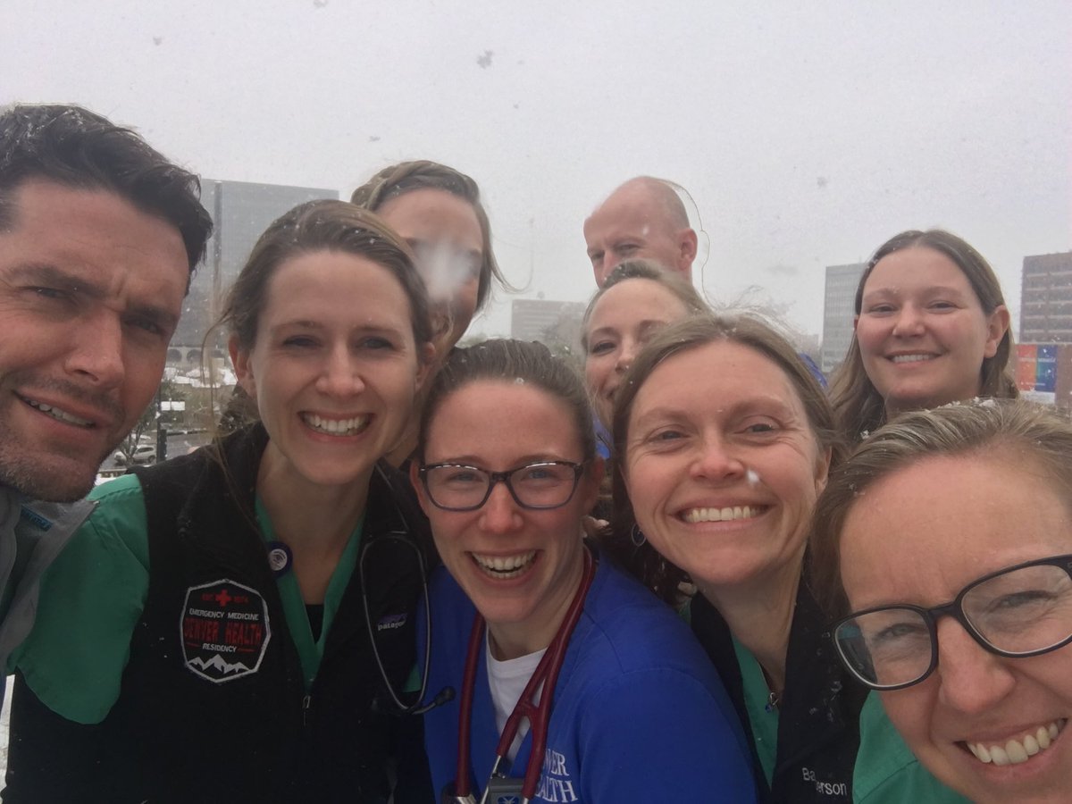 DenverEMed's tweet image. We’re not sure who’s enjoying this snow more #Trauma or #Medicine @DenverHealthMed #snowinoctober #DHREM.  #postshiftsnowballfight#