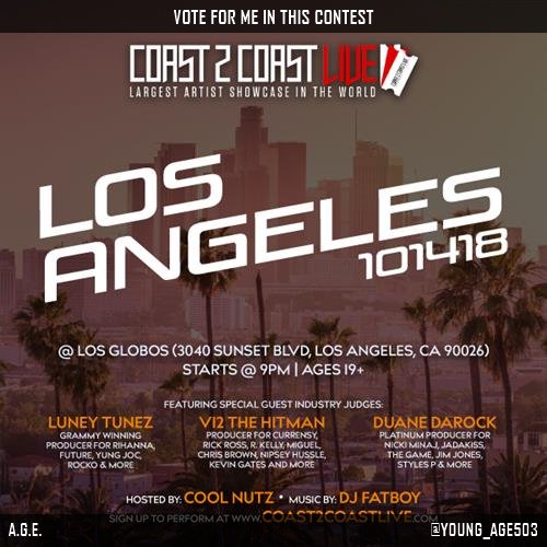 YOUNG_AGE503's tweet photo. Vote for me to perform for $50K Grand Prize at #Los Angeles Edition 10/14/18! https://t.co/dqD6DUo309 #Coast2Coast https://t.co/W38SHc4tyS