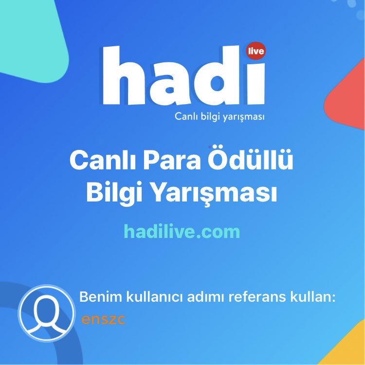 enooo2's tweet photo. Hadi - Bilgi Yarışması çok eğlenceli, sen de oynamalısın. Kayıt olurken referansına benim kullanıcımı "enszc" yaz lütfen. https://t.co/OVoBuPK8Ot @hadioyna https://t.co/KlOf40nA4r
