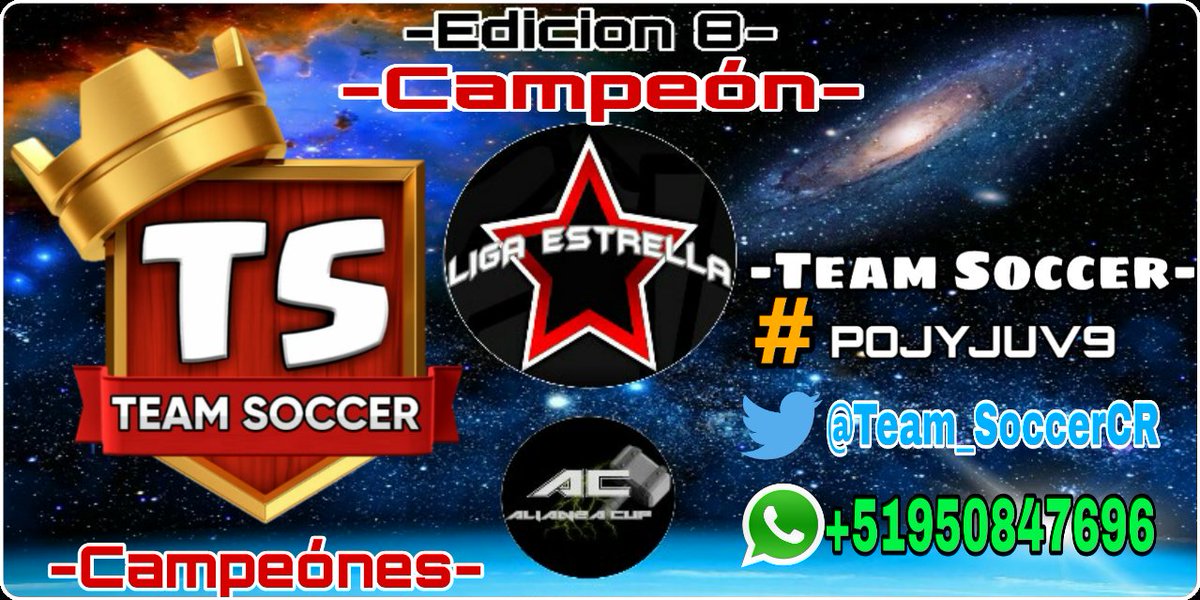 🏆Liga @EstrellaLiga Ed8🏆
  🎉Felicidades 🎉Campeón 👏
 
🔥<a href="/Team_SoccerCR/">Team Soccer</a>🏆(3-1) <a href="/_DeathseSports/">kevin Arce</a>
📺Caster: <a href="/Elkrocas/">El Krocas</a>
🔝publicidad especial Rt😇🔝
@DarkfightGT_( <a href="/ClashRoyaleRT/">ClashRoyaleRT</a>
@WarriorBlack10_( <a href="/Promotions_ESP/">Promotions LHAZO [0.9k]</a>
<a href="/AyudaJugador/">Ayuda Jugador</a> (<a href="/E_SPORTS_GAMING/">E-SPORTS GAMING PROMOTIONS</a>
