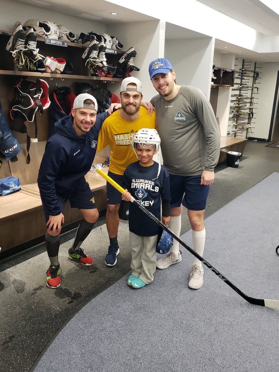 Thanks to our guys Capt Kirk, Freddie and Alex for showing BamBam around the locker room after the game and making him feel like he was apart of the team! <a href="/mkeadmirals/">Milwaukee Admirals</a> <a href="/fredallard3/">Frédéric Allard</a> <a href="/AlexCarrier55/">Alex Carrier</a>