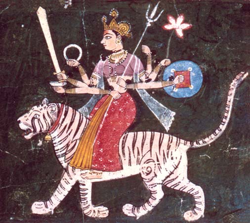  #Britanica has this pic for #Devi  #Durga  #Navratriequipped with weapons  #shakti is empowered to destroy  #demons, they symbolize  #evils inside human beings. #Singhvahini that symbolizes fearless, since she is protector so she has to be fearless but with power #Indianpainting