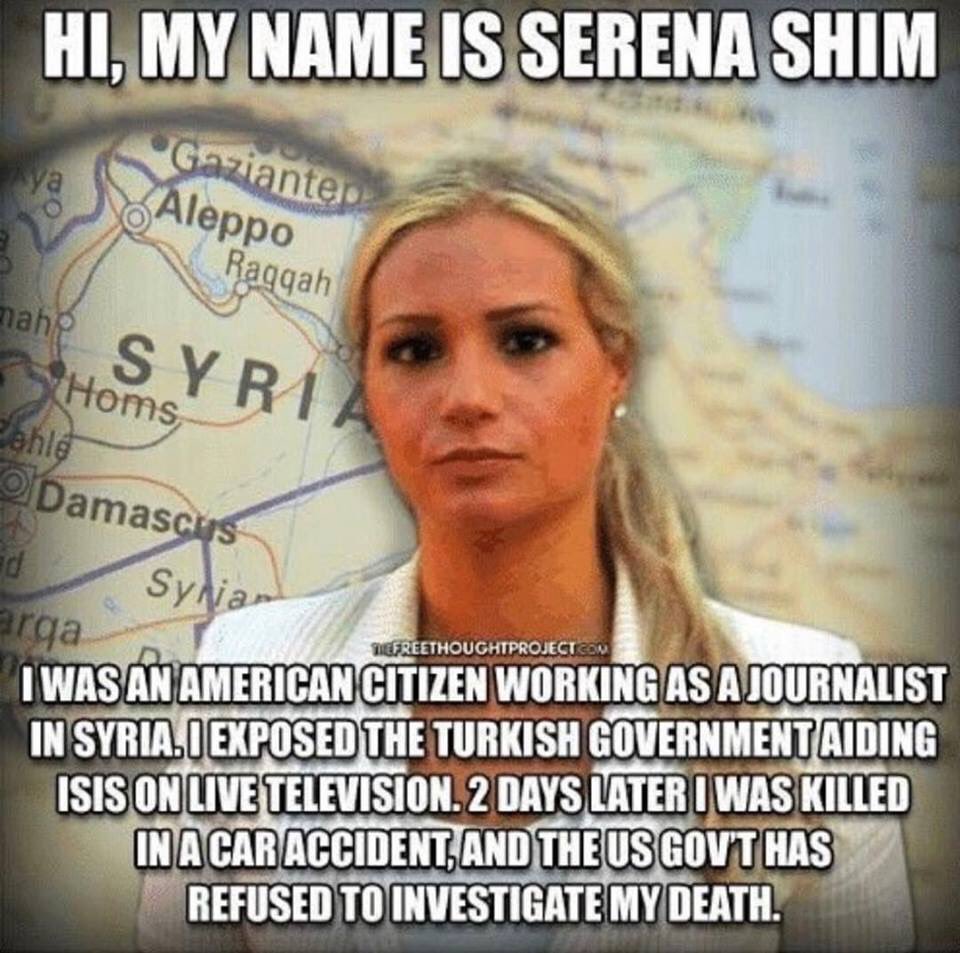 TurkiskaStaten's tweet photo. 2014 mördades amerikanska journalisten, Serena Shim som avslöjade Turkiets stöd till IS.
Efter avslöjandet och många hot MIT, var hon med om en "bilolycka". Hon och chauffören överlevde och fördes till sjukhus. Strax efteråt deklarerades Serena död av turkiska säkerhetstjänsten. https://t.co/fGNn5n4ncq