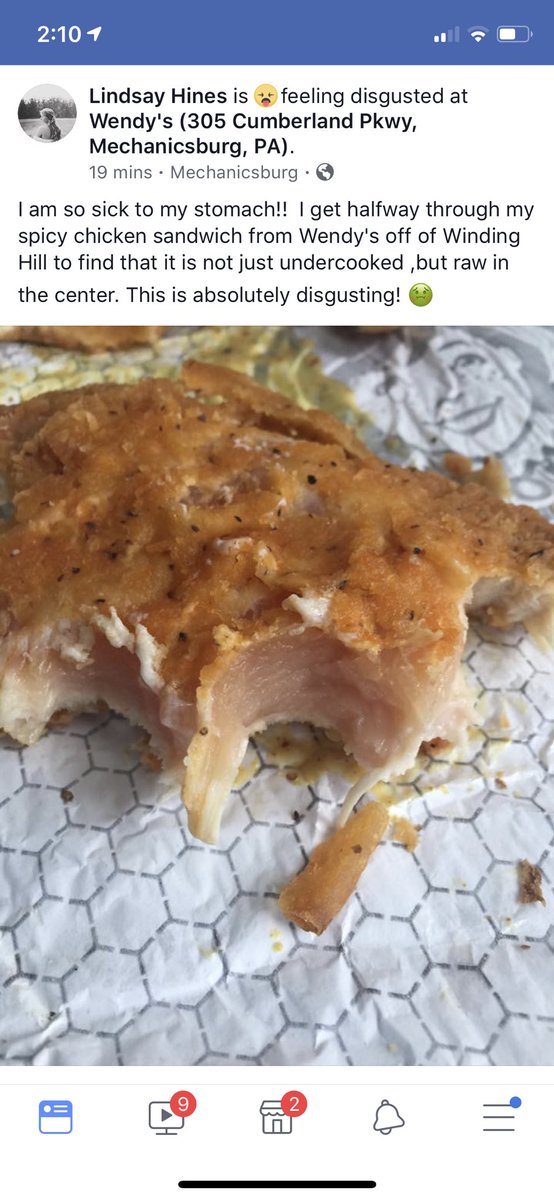 theashleymariah's tweet photo. My sister-in-law and I just went to @Wendys and I cannot believe they sent us out a chicken sandwich that was still raw!! Totally unacceptable! Definitely won’t be back if you can’t cook chicken properly. I’m sick to my stomach 😡🤢 https://t.co/sQFoxiO69z
