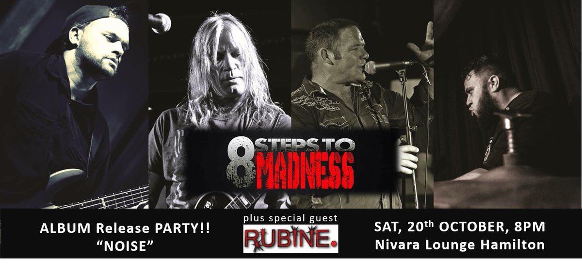 8StepsToMadness's tweet photo. Arrrgghh - so damn excited!!  Come celebrate with us ALBUM release party @NivaraLounge  20 Oct.  #WaikatoRocks #NZMusician #RockMusic #LiveRock #NZMusic #AlbumRelease #8STM #OriginalRock https://t.co/TXENzwF8qz