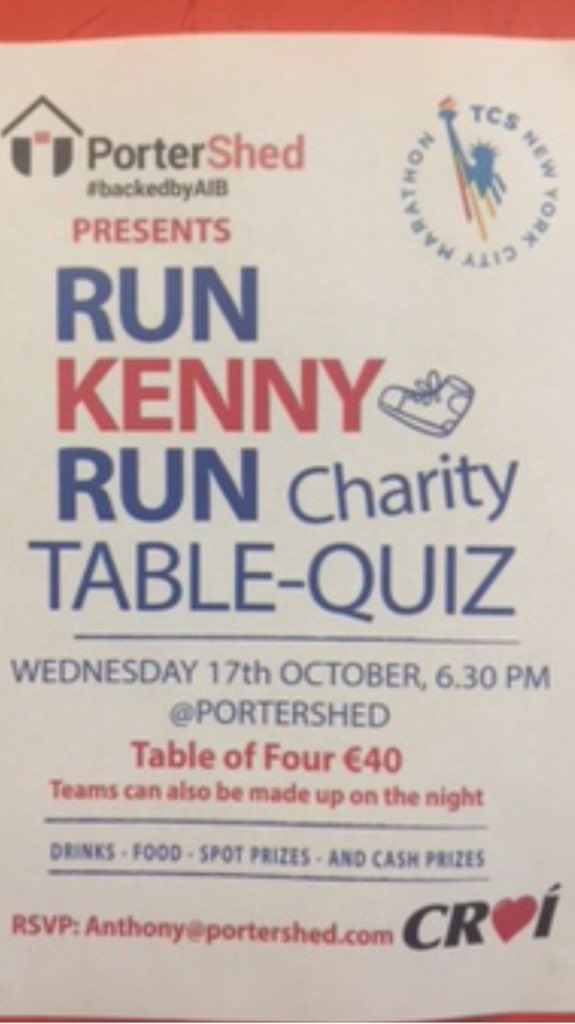 portershed's tweet photo. We are hosting a Table Quiz this Wed 17th @ 6:30 in aid of @CroiHeartStroke and our good friend @KennethDeery @AIBBiz kenny is walking the @nycmarathon Nov 4th. If you would like to join us simply stop by or email Anthony@portershed.com to reserve a table #FailteRoimhGachDaoine https://t.co/FcXHcKz6fp
