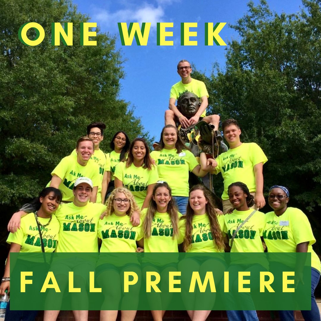 MasonAdmissions's tweet photo. @GMU_Ambassadors are so excited to meet you #Mason2023! In just one week you will get a glimpse of all that Mason has to offer and see just why we love it so much. 💚💛 #MasonFallPremiere https://t.co/YlXIgwaMfe