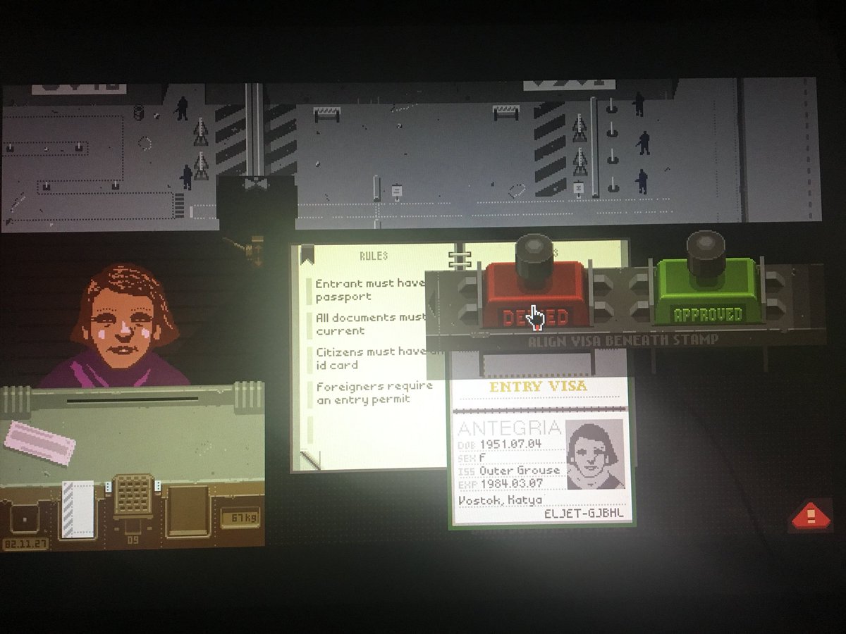 AbbeyLawrence24's tweet photo. I literally feel horrible playing as a border inspector. I didn’t want to deny her access but like...my family is going to die but then she’s going to die. 😩 https://t.co/5HpxSIMo0q