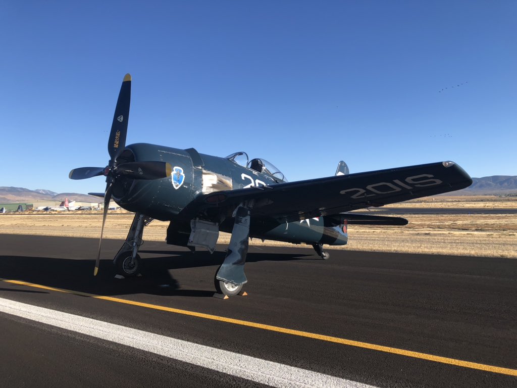 AirShow_360's tweet photo. A Hellcat and a Bearcat sit #ontheramp at @Av_Roundup at the Minden-Tahoe Airport in Nevada. From the CAF SoCal Chapter based at Camarillo Airport. They will fly a tribute to the @USNavy during the #airshow. #airshow360 #weloveaero #weloveairshows #AviationRoundup #whyCV https://t.co/eBvCL4m92r