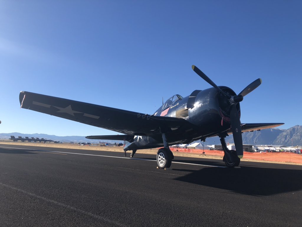 AirShow_360's tweet photo. A Hellcat and a Bearcat sit #ontheramp at @Av_Roundup at the Minden-Tahoe Airport in Nevada. From the CAF SoCal Chapter based at Camarillo Airport. They will fly a tribute to the @USNavy during the #airshow. #airshow360 #weloveaero #weloveairshows #AviationRoundup #whyCV https://t.co/eBvCL4m92r