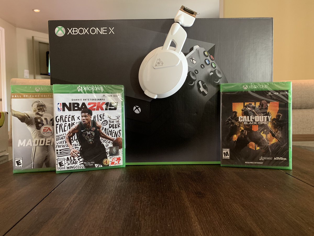 Giving away a new Xbox One X, COD Black Ops 4, NBA 2K19, Madden 19 (HOF) and a pair of Turtle Beach Elite Pro 2 Headset. Follow and Retweet for a chance to win! Must be following to win!