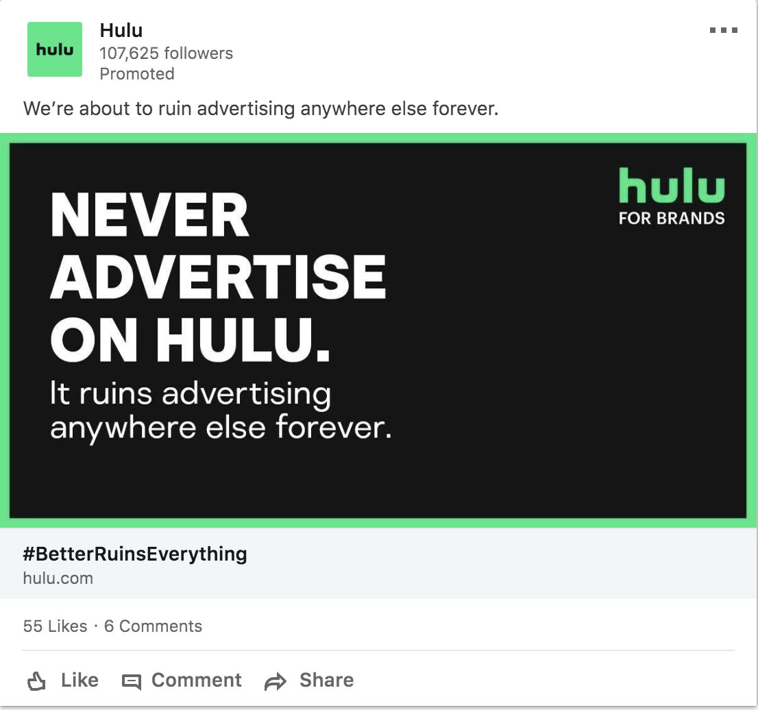 This is pretty great advertising...for advertising (ha.) sort of ironic if you ask me. VOD ads have become so popular that its great to see Hulu taking such a strong stance for their brand #JMUMKTG410