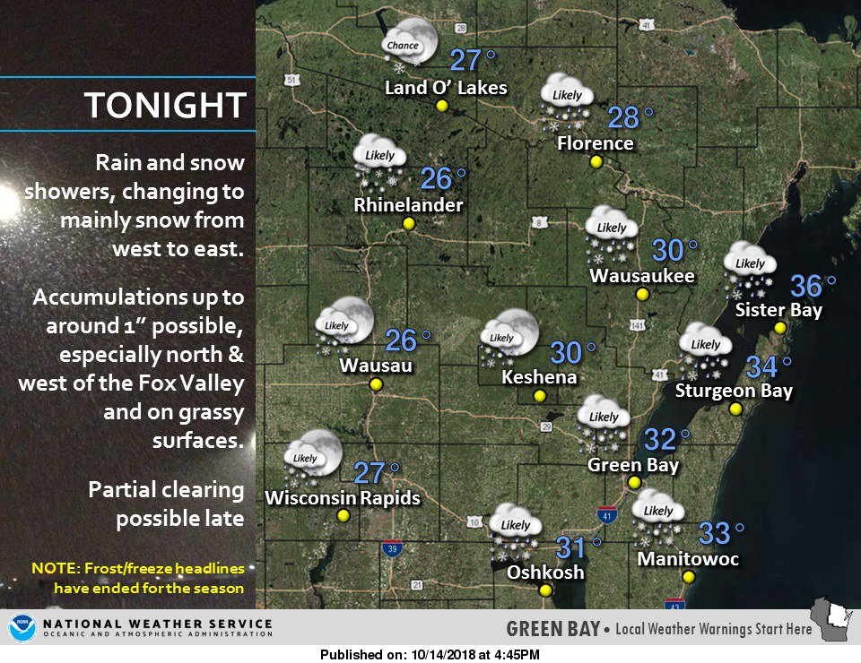 NWSGreenBay's tweet image. TONIGHT | Rain/snow showers changing to mainly snow. Up to ~1" possible, especially north/west of Fox Valley. #wiwx #snowinOctober