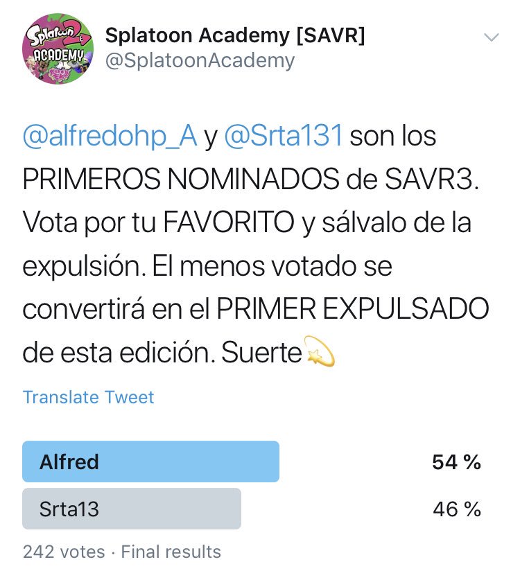 SplatoonAcademy's tweet photo. @Srta131 se convierte en la PRIMERA EXPULSADA de esta edición con el 46% de apoyo. Muchas gracias por concursar! 💙 https://t.co/sbInkFRuT8