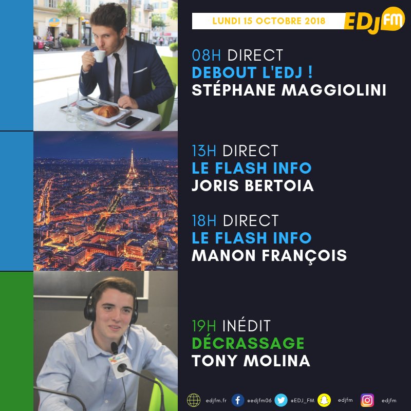 EDJ_FM's tweet photo. Votre lundi sur @EDJ_FM :
⏰ À 8h, @S_Maggiolini présente en direct #DEDJ
🌍 À 13h, faites un point sur l’actualité avec @bertoia17
🌍 À 18h, @ManonRFrancois présente le #Flash Info
⚽️ À 19h, @TonyMolina99 revient sur l’actualité sportive du week-end dans #Décrassage ! https://t.co/9M0y9w1Dlf