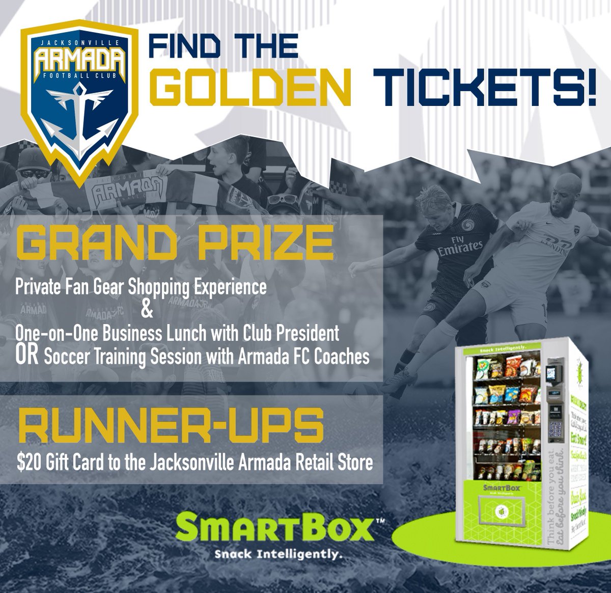 JaxArmadaFC's tweet photo. The season may be over, but our Golden Ticket contest with @smartboxjax is still going strong! If you work in an office with a SmartBox machine, you could be lucky enough to win one of these prizes...
#eatsmart #snackintelligently #ArmadaExperience https://t.co/PhSNTJM1a8