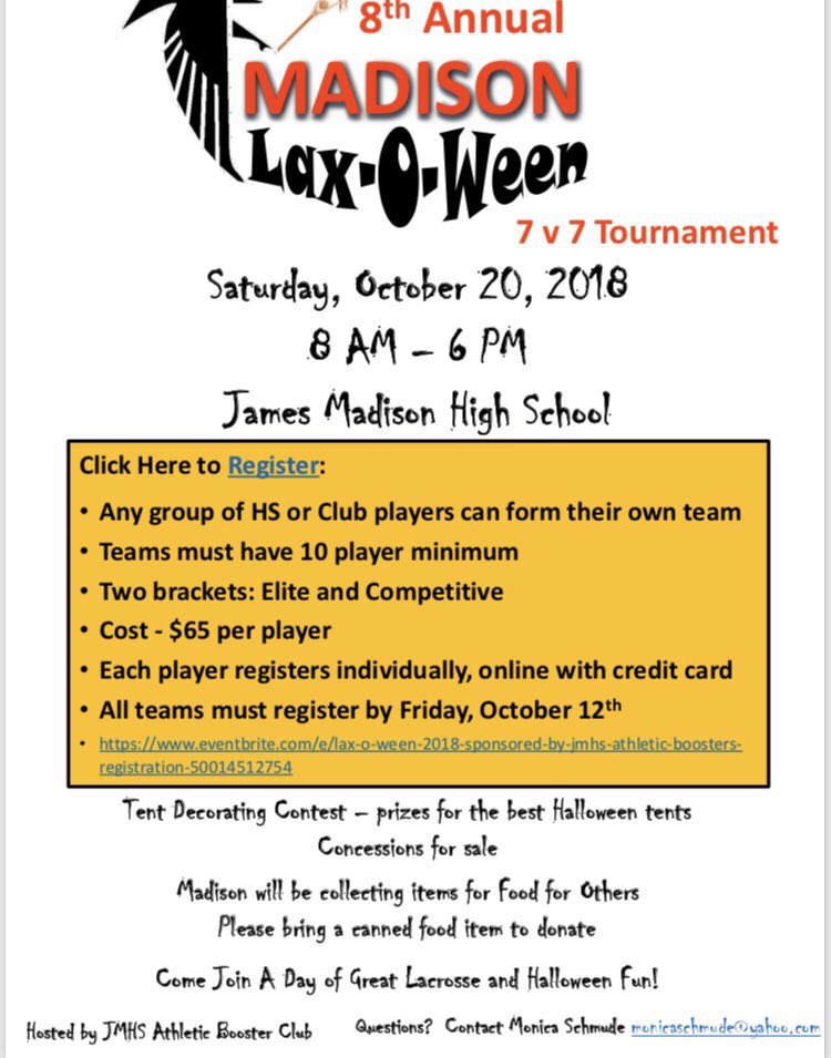 MadGLax (@madglax) on Twitter photo 🎃less than one week until laxoween and WE NEED YOUR HELP!🎃many volunteer positions need filling, contact amber.williams1@verizon.net for more info (you will receive service hours for helping)#spookyszn #laxoween2018 🎃less than one week until laxoween and WE NEED YOUR HELP!🎃many volunteer positions need filling, contact amber.williams1@verizon.net for more info (you will receive service hours for helping)#spookyszn #laxoween2018