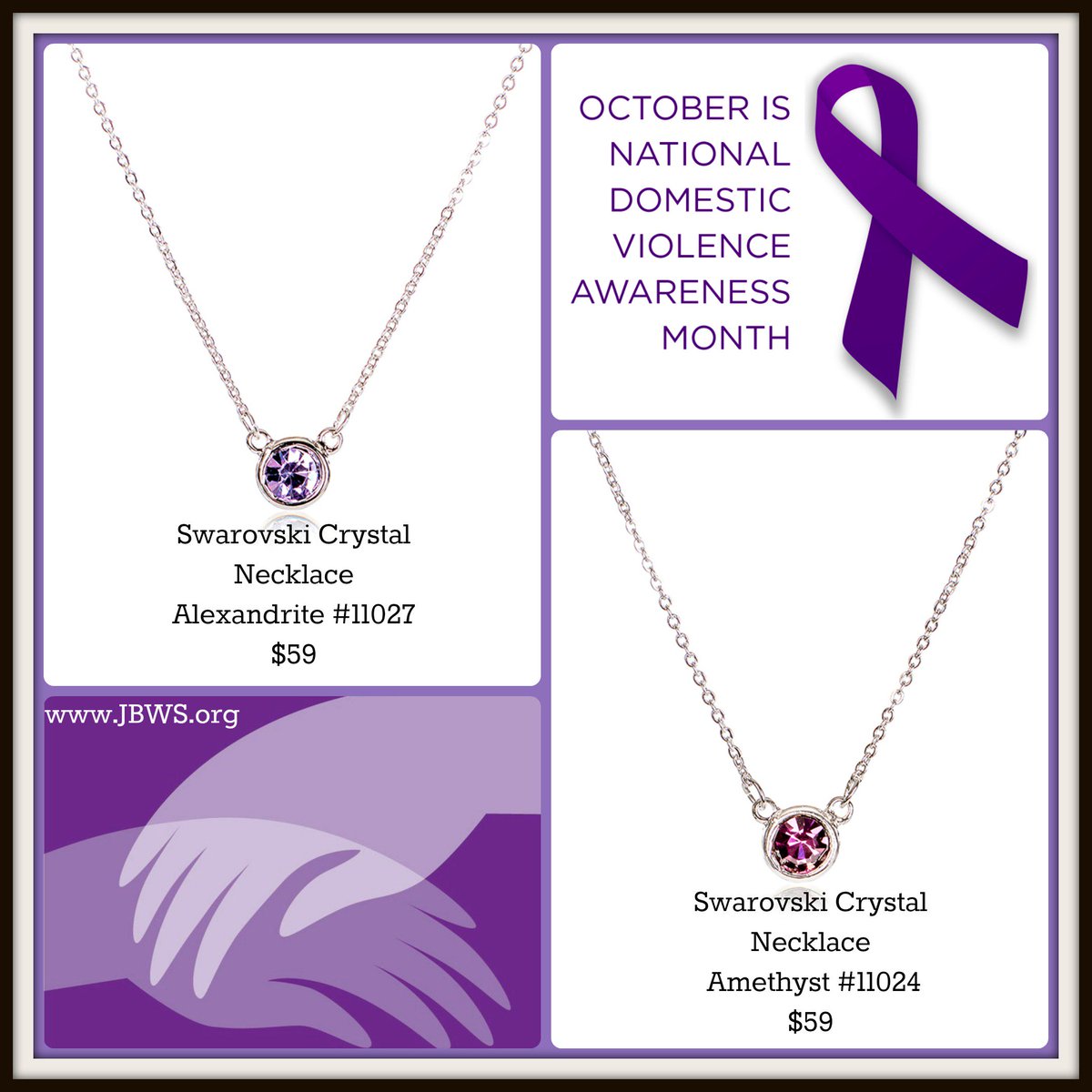 esbeDesignsT's tweet photo. JBWS provides valuable services that assist families affected by domestic violence. Please share this &amp; help me raise money for JBWS. Now until Christmas, I will donate 5% of each sale of our Swarovski Crystal Gemstone Necklace in Amethyst or Alexandrite. #jbws #jewelrywithT https://t.co/dtC7jXtpAi