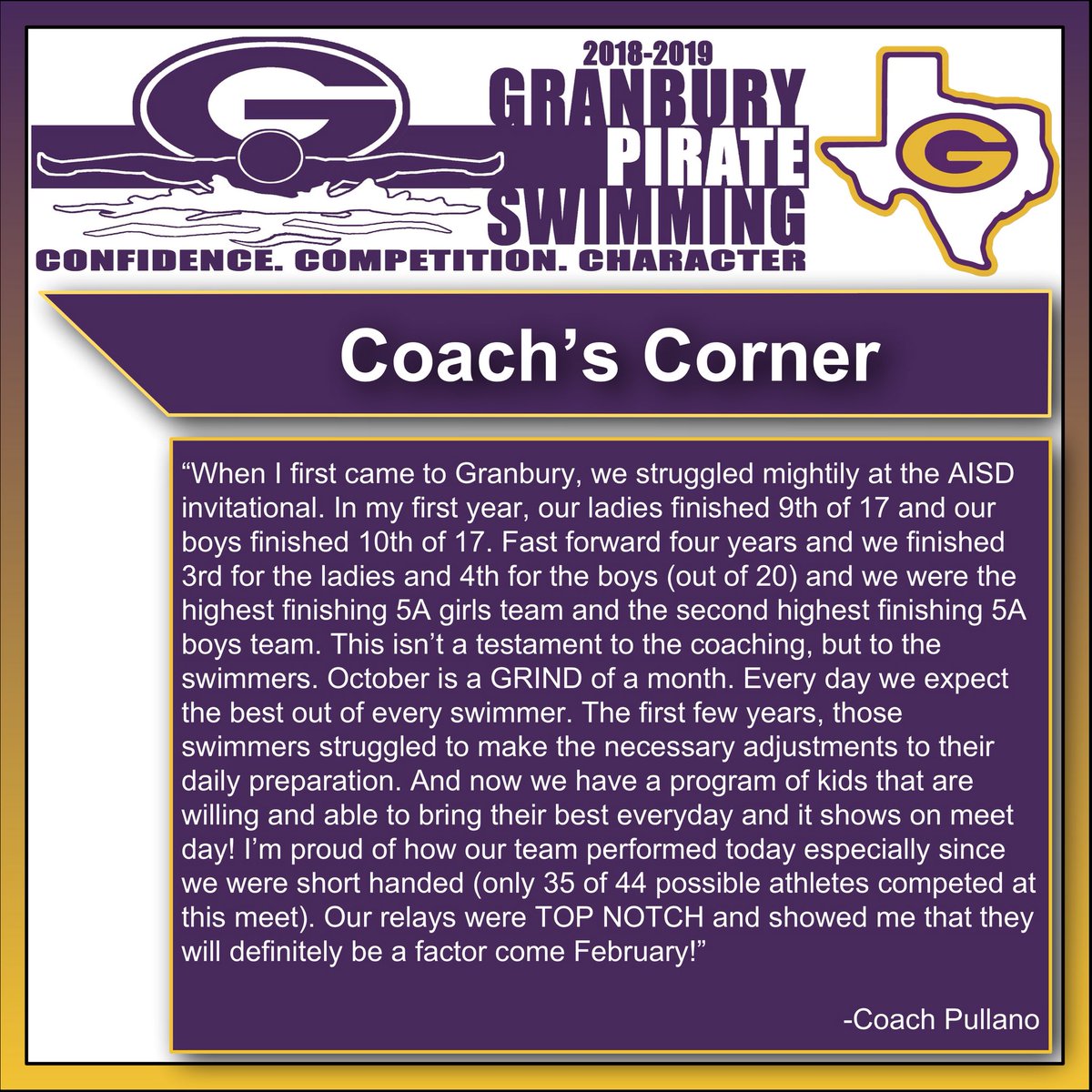 PirateSwimTeam's tweet photo. HUGE meet from the Granbury Pirate and Lady Pirates! Top finishing 5A school for the ladies! 2nd highest finishing 5A school for the boys! Highest combined 5A score! Big things ahead! Next meet is October 20th at the Hood County YMCA @ 9Am #WEW1LL https://t.co/5Ssvlbiq5o