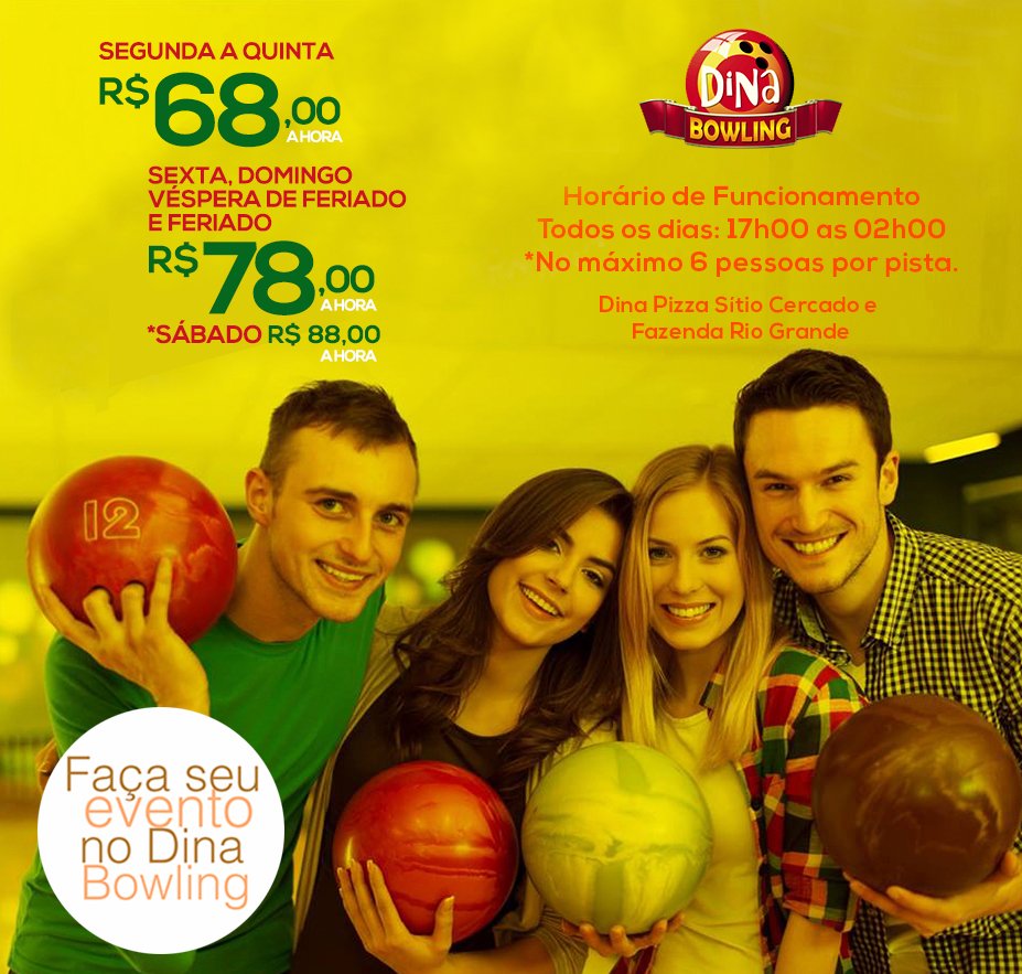 dina_pizza's tweet photo. 🎳🤗

Segunda à quinta-feira:
17h00 as 02h00 (Valor: R$ 68,00 a hora no máximo 6 pessoas)

Sexta, Domingo, Véspera de Feriado e Feriado:
17h00 as 02h00 (Valor: R$ 78,00 a hora no máximo 6 pessoas)

Sábado:
17h00 as 02h00 (Valor: R$ 88,00 a hora no máximo 6 pessoas) https://t.co/ym4mZlFIL5
