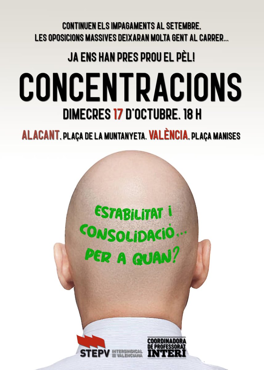 CelesteLidia's tweet photo. Concentracions a València i Alacant
el 17 d'octubre.
No pots faltar!!! #ProuImpagamentsNòmines
#AccésDigne #Estabilitat
#Consolidació
@fotografo_cielo @coordinadoraint
@RosaLlorca @LolaSalcedo @fetrandis @terrameua @EvelynBBelly @GuillermoPrezM3 @marcgandia @BeatriuCardona https://t.co/8oukLb2aM0