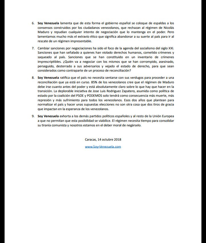 SoyVenezuela's tweet image. #Comunicado | #SoyVenezuela :
Rechazamos la política de Podemos y el PSOE para darle oxígeno a Maduro  bit.ly/2IWuz5J

#14Oct