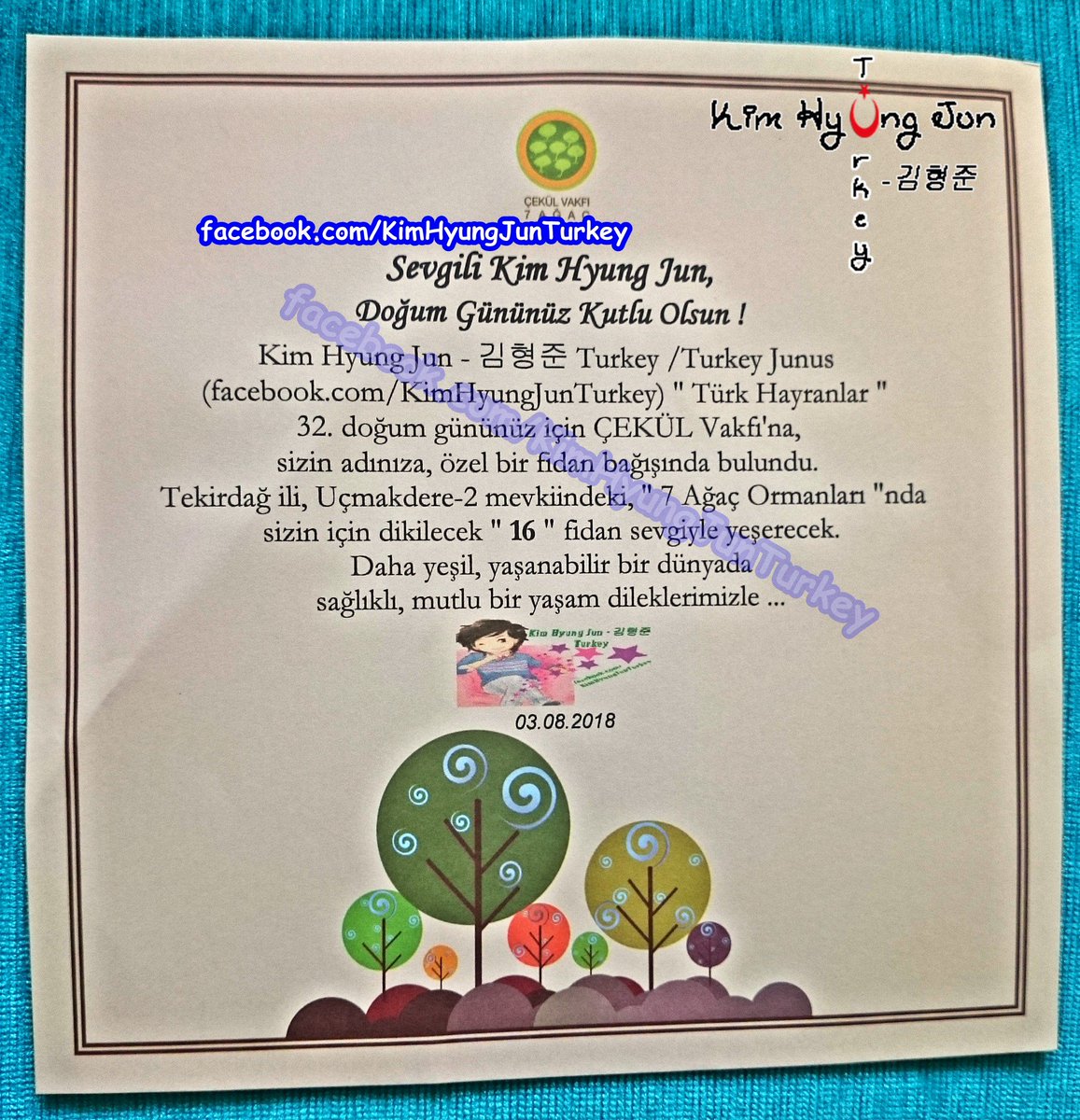 HyungJun_Turkey's tweet photo. RT LÜTFEN ! 😉 📌

@HyungJun87'un 32. doğum günü için "ÇEKÜL Vakfı"na yaptığımız fidan bağışının "Türkçe" sertifikası ! 🌳 🎉 🎁 📄

Turkish certificate of our sapling donation for @HyungJun87's 32nd birthday ! 🌳 🎉 🎁 📄

Ayrıntılar için tıklayınız; https://t.co/7rrAlzI4d5 ... https://t.co/kinwvVdeh9