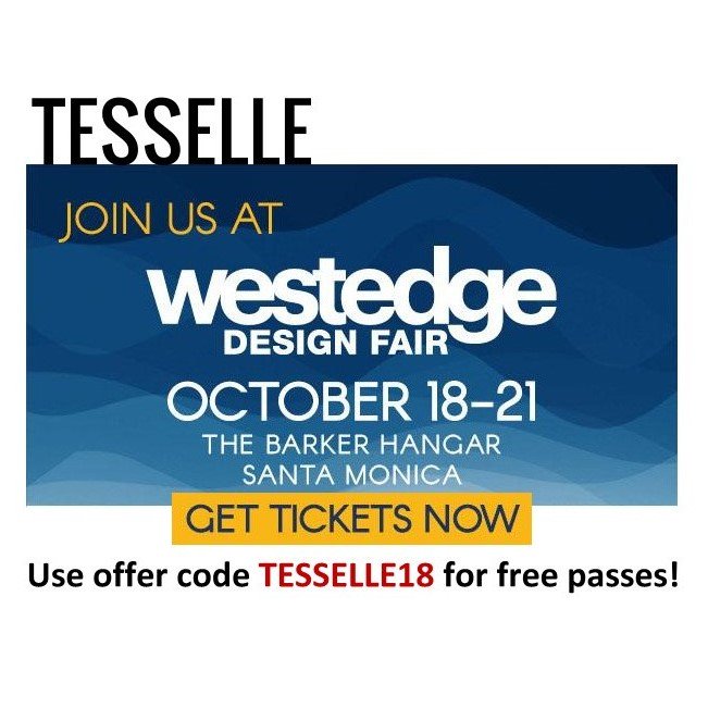 TesselleDesign's tweet image. In LA next weekend? Come see Tesselle's newest tile additions at the WestEdge Design Fair, in The Barker Hangar, Santa Monica. Get free passes (a $25 value) by entering TESSELLE18 in the Promo Code box here: ten31.co/r/?e=8&amp;amp;rp=9