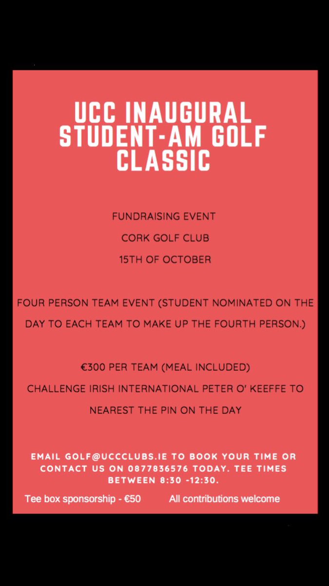 Looking forward to our biggest fundraiser of the year tomorrow. UCC Student-Am will take place in <a href="/CorkGolfClub/">Cork Golf Club</a> our first tee time is 8am and we have our last team out at 1:40! Can’t wait for a great day <a href="/Nash19Cork/">Nash19 restaurant gallery originally .</a> <a href="/OkeeffePeter/">Golf S T R O N G ⛳️💪🏼</a> <a href="/UCCSport/">UCC Sport</a> <a href="/CorkGolfNews/">Cork Golf News</a>