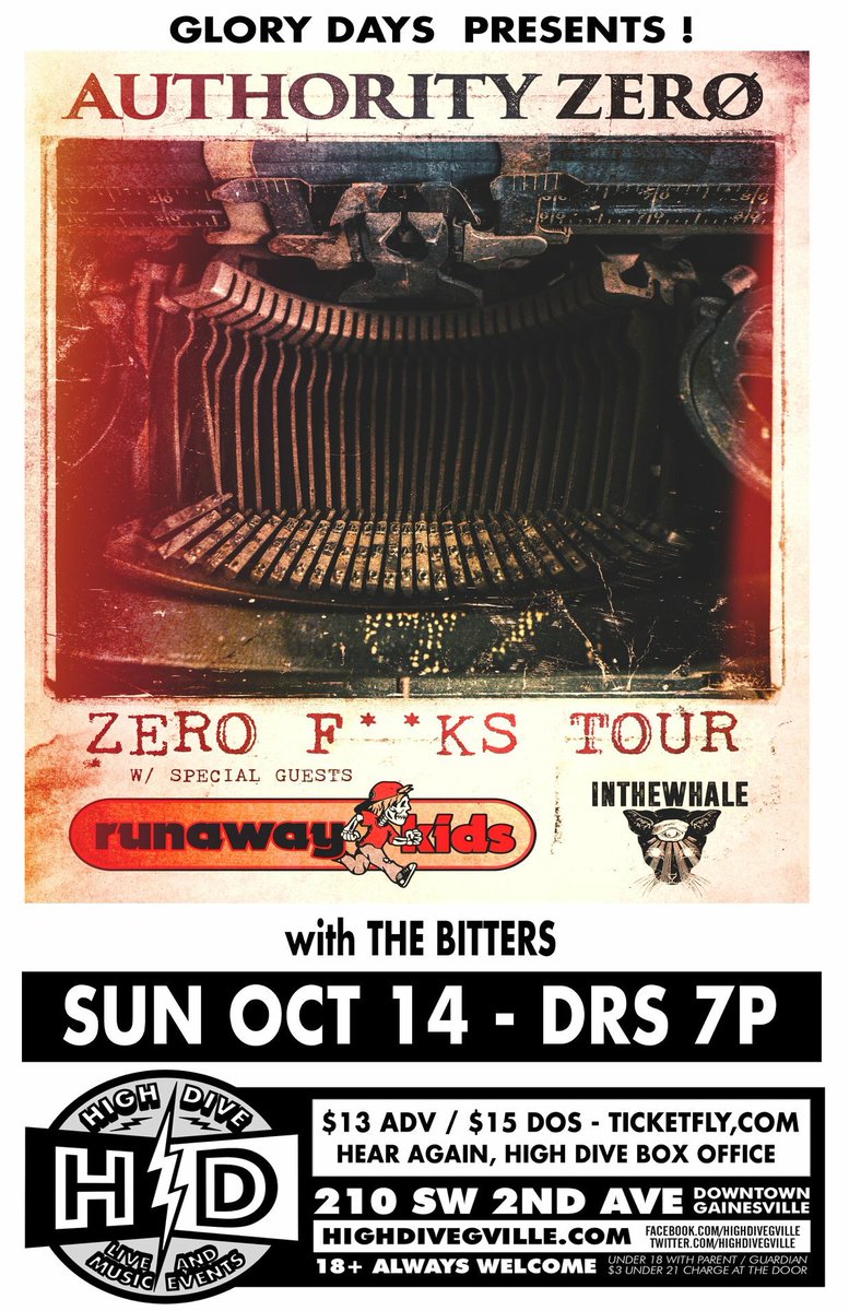 TONIGHT! AUTHORITY ZERO comes to HighDive w/ Runaway Kids / InTheWhale / The Bitters! @Authority_Zero are an Arizona Punk/Rock/Reggae fusion band w/ hit songs like "One More Minute" &amp; "Revolution." For fans of Bad Religion, 311, Less Than Jake &amp; Pepper! Tix available at the door!