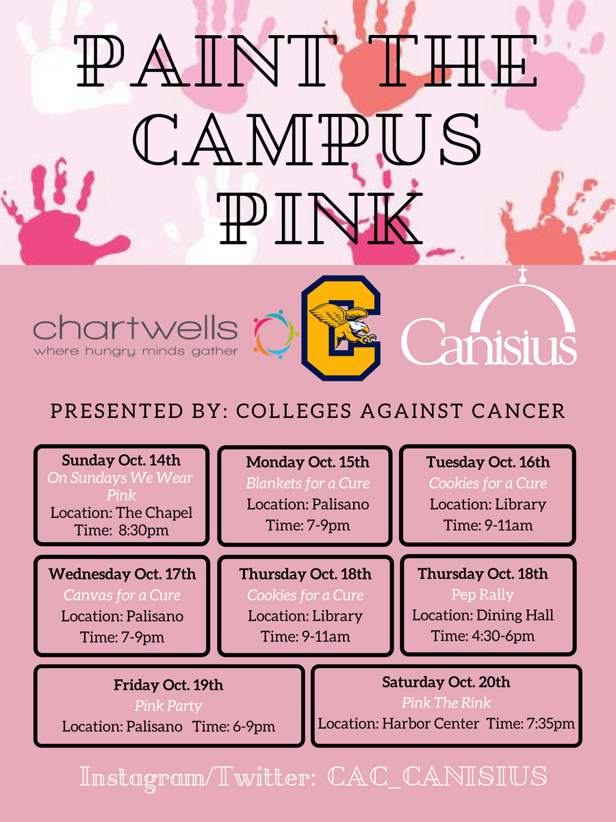 Join <a href="/CAC_Canisius/">Colleges Against Cancer Canisius College</a> during their Paint the Campus Pink week starting today with a mass in the chapel. Don't forget to wear pink!!!