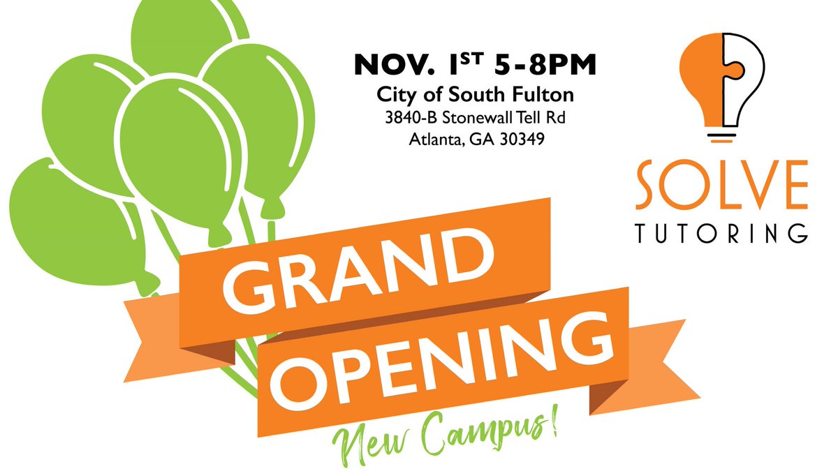 We are so excited about our newest location opening in the City of South Fulton on November 1st! <a href="/JKRobinsonEDU/">Jamar Robinson</a> &amp; <a href="/Coach_CGreen/">Carl Green,CAA</a> thank you for your support and partnering with <a href="/SolveTutoring/">Solve Tutoring</a> as a resource to your students.